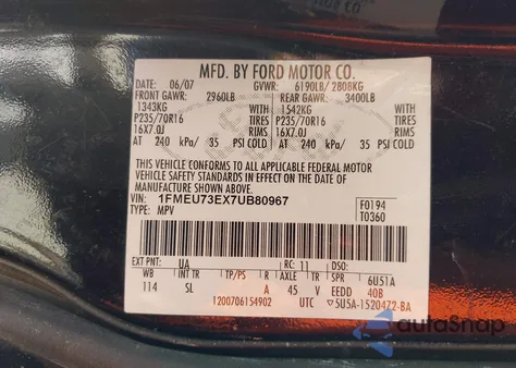 2007 Ford Explorer Xlt z USA, uszkodzony, nr VIN 1FMEU73EX7UB80967